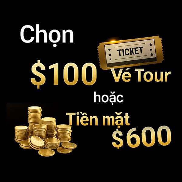 Lựa chọn phần thưởng 100$ là vé giải đấu Poker hoặc 500$ tiền mặt dựa trên số ván bạn chơi